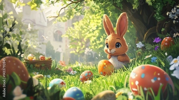 Fototapeta Cute Bunny in a Vibrant Spring Garden with Colorful Easter Eggs