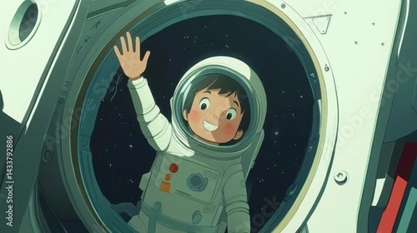 Fototapeta Happy Child Astronaut Smiling and Waving Inside Space Helmet