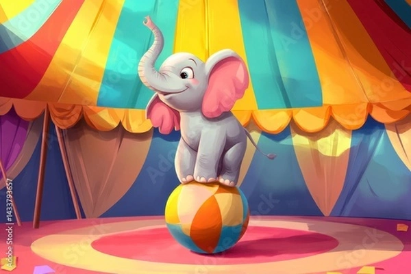 Fototapeta Playful Cartoon Elephant Balancing on Colorful Ball in Circus Tent