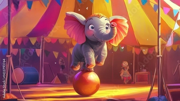 Fototapeta Playful Elephant Performing Trick in Circus Ring Under Big Top