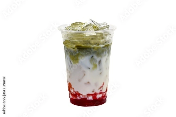 Obraz Ready for drink with ice green tea mix with jelly cream and serving on wooden plates in white background and isolate concept.