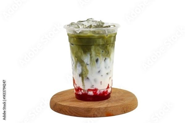 Obraz Ice matcha latte green tea mix strawberries sour cream on white background,by isolation concept.