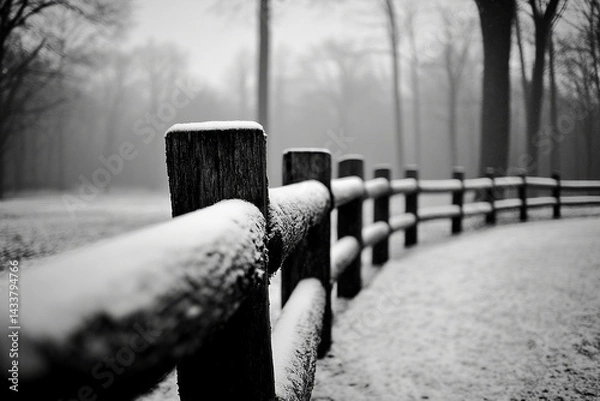 Fototapeta Snow-covered wooden fence winding through a tranquil winter landscape in a foggy forest