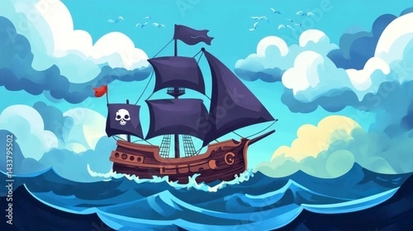 Fototapeta Pirate Ship Sailing Through Waves Under Blue Sky with Clouds