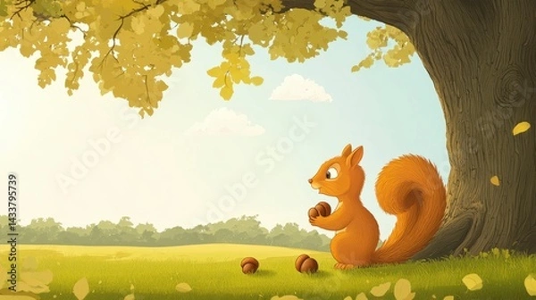 Fototapeta Charming Cartoon Squirrel Gathering Acorns Under a Tree