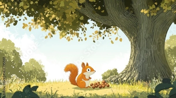 Fototapeta Charming Squirrel with Acorns Under a Large Tree in a Sunny Meadow