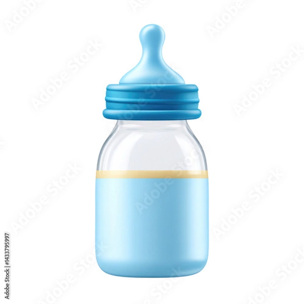 Fototapeta A blue baby bottle sits on a clean surface, filled with yellow liquid. Soft lighting creates a warm atmosphere, suggesting a comforting environment for feeding infants