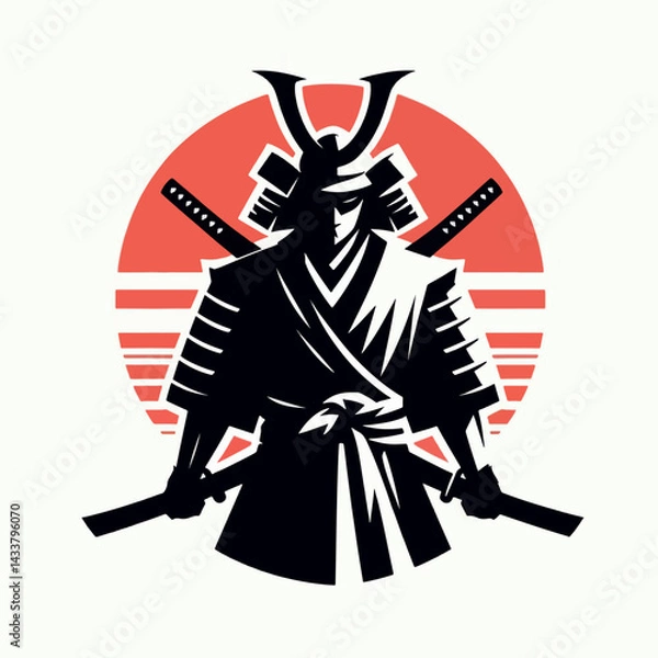 Fototapeta A stylized graphic illustration of a samurai, holding swords, set against a backdrop of a stylized Japanese sun.