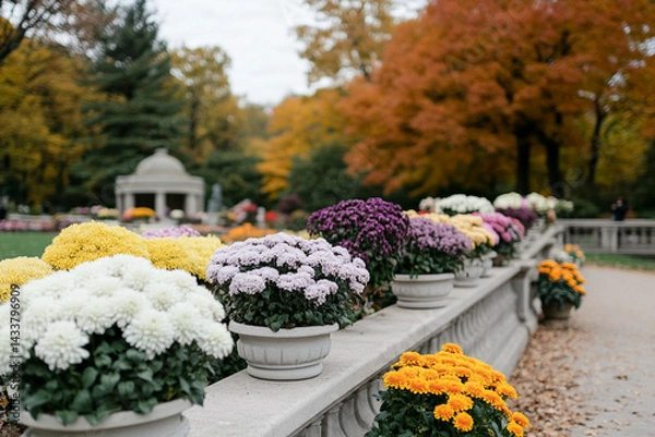 Obraz Colorful blooming flowers in pots create a lively atmosphere in a landscaped garden during autumn