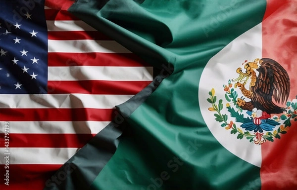 Fototapeta Close-up of the American and Mexican flags draped together, symbolizing the relationship between the two nations.  The flags are creased and textured, showing their materiality.