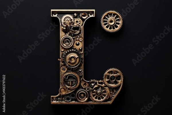 Fototapeta Captivating 3D rendering of a retro-style capital letter L designed with gears and rivets.