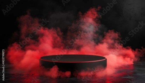 Obraz Dark product display podium with red smoke