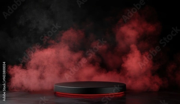 Fototapeta A black circular platform with a red glow sits in front of a backdrop of swirling red smoke against a black background