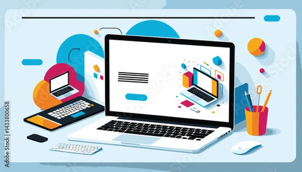 Fototapeta Creative Workspace Setup_Laptop Mockup with Colorful Abstract Shapes_Modern Tech Illustration_Design Template for Digital Projects_Productivity and Creativity Visual