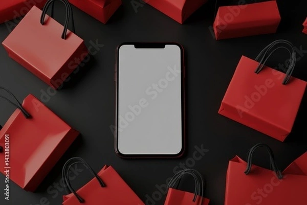 Obraz A smartphone with a blank screen lies in the center of a dark background surrounded by red shopping bags