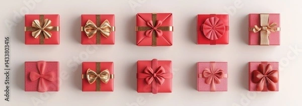 Obraz Nine red gift boxes with various bows, including golden, pink, and brown ribbons