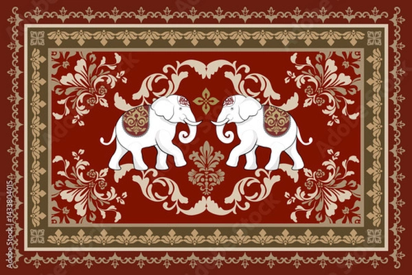 Fototapeta Damask rug Pattern. Tribal Ethnic Elephant pattern,Thai elephant, paisley and hamsa. Ethnic elephant background Hand drawn illustration. Wallpaper, cloth design, carpet design. Rug pattern.