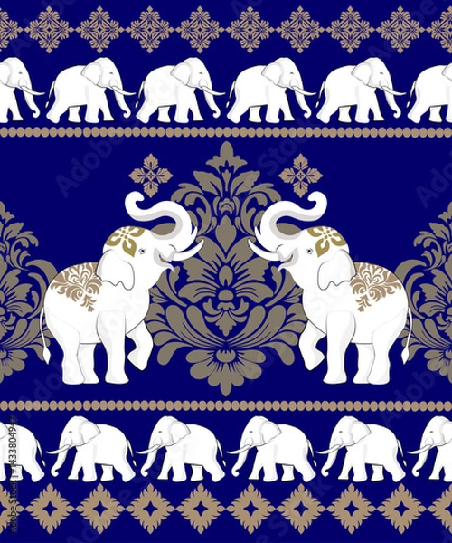 Fototapeta Damask Seamless Pattern Tribal Ethnic Elephant pattern,Thai elephant, paisley and hamsa. Ethnic elephant background Hand drawn illustration. Wallpaper, cloth design, fabric, tissue, carpet, rug