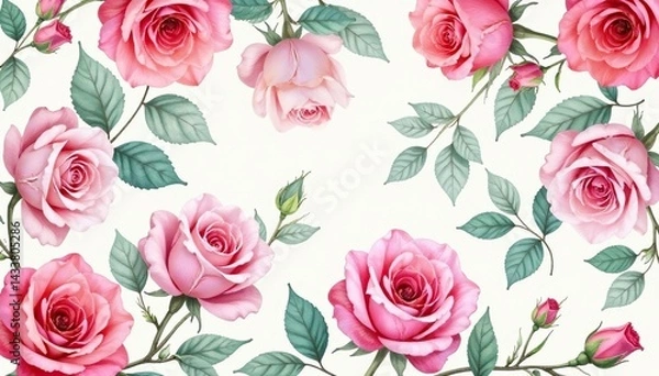 Fototapeta Delicate watercolor roses, leaves & buds create a romantic, repeating pattern , floral design, floral, flower