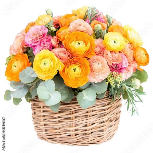 Fototapeta Vibrant floral basket: A stunning collection of colorful, fresh-cut flowers bursting with hues of yellow, orange, and pink, beautifully arranged in a woven basket.