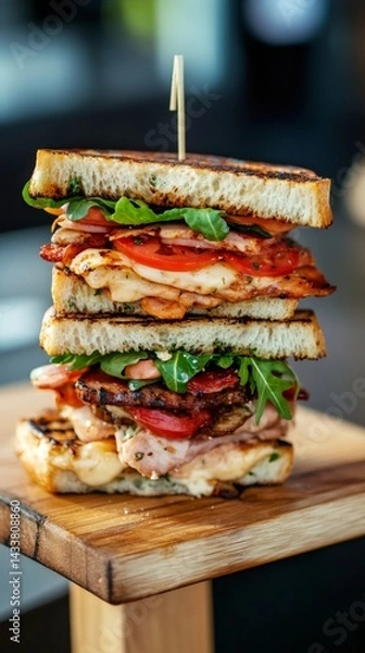 Obraz Towering toasted club sandwich, filled with layers of meat, cheese, tomatoes, and fresh arugula, rests on a rustic wooden board, ready to be enjoyed at a summer market or food truck festival