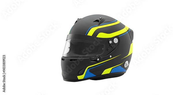Fototapeta A close up of a black racing helmet with yellow and blue stripes on a black background studio shot