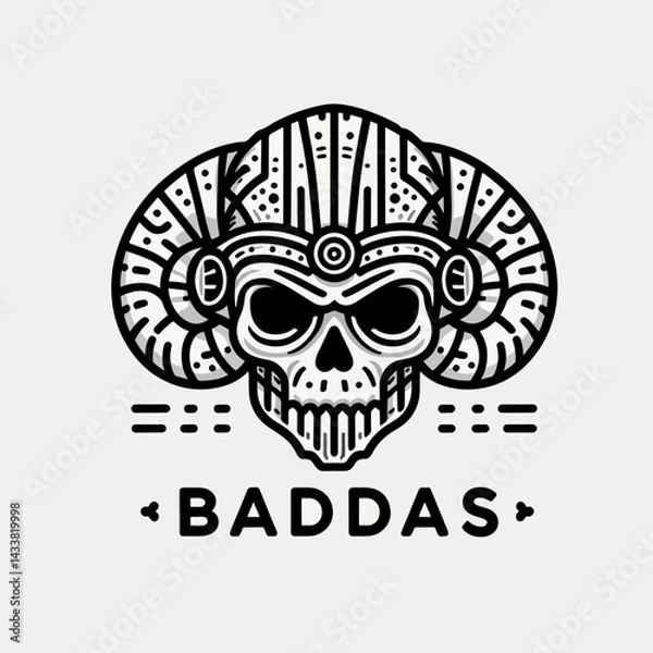 Fototapeta A stylized skull with ornate details and horns, set against a bold "BADDAS" text.