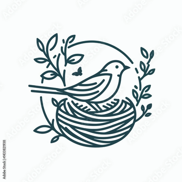 Fototapeta A stylized illustration of a bird resting in its nest, amidst foliage, evoking a sense of nature and tranquility.