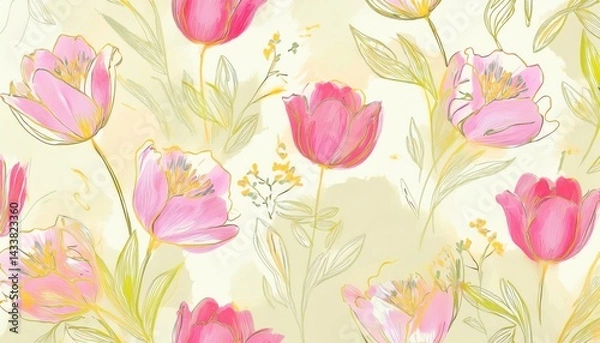 Fototapeta vibrant pink tulip illustration with soft yellow background, floral design for branding, print media, web design, and textiles vector art graphic