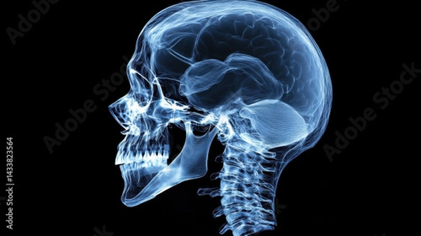 Fototapeta Detailed medical X-ray image of a human skull showing bones, teeth, l cavity, eye socket, jaw, and cervical spine in a side profile view