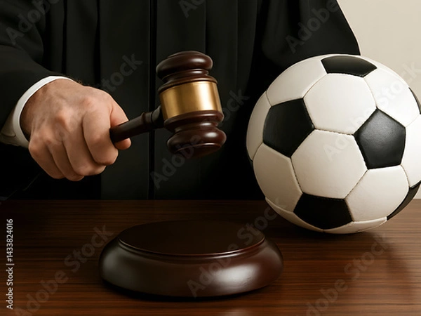 Fototapeta Judge with Gavel and Soccer Ball Representing Justice in Football