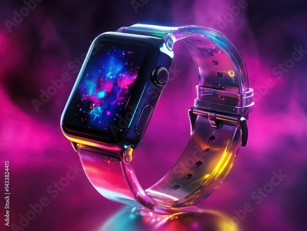 Fototapeta Futuristic smartwatch with vibrant colorful display and sleek modern design illuminated by neon lights in a dark background for technology and innovation themes