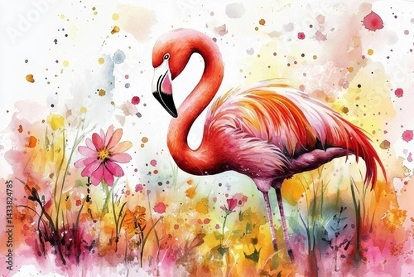 Obraz Vibrant Watercolor Flamingo Surrounded by Colorful Flowers 