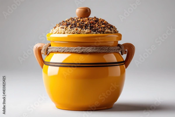 Obraz vibrant yellow container with wooden lid, filled with textured mixture on top, showcases unique design. container features decorative handles and rope accent, adding charm to its appearance