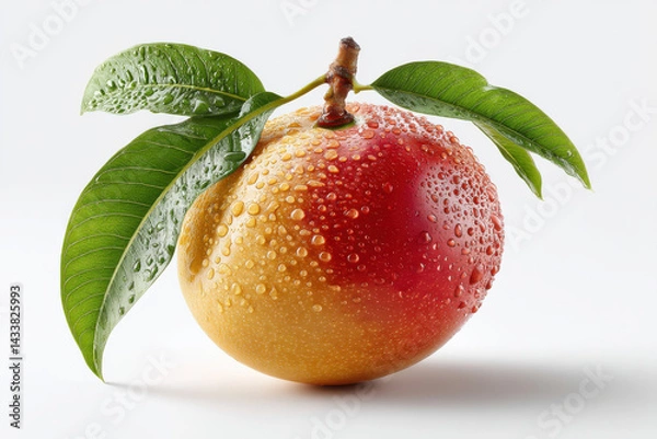 Fototapeta realistic photograph of complete mango with droplets of water on its surface, showcasing its vibrant colors and fresh appearance, evokes sense of natural beauty and freshness