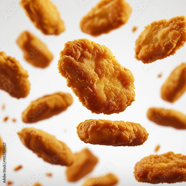 Obraz Create a visually appealing advertisement featuring golden, crispy chicken nuggets, showcasing their freshness and deliciousness, with a black background to create contrast.