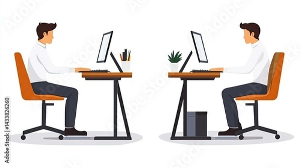 Fototapeta A man in a light blue shirt sits at a modern desk, focused on typing on a keyboard.