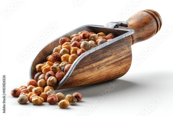 Fototapeta realistic photograph of wooden scoop filled with various nuts, showcasing mix of colors and textures. image captures natural beauty and detail of nuts, evoking sense of freshness and quality