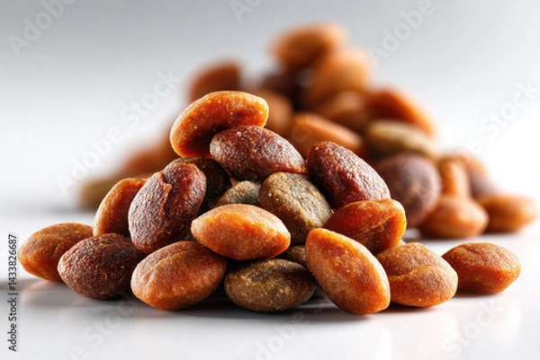 Fototapeta Realistic photograph of close up dry pet food kibble, showcasing variety of shapes and textures. warm colors evoke sense of nourishment and care for pets