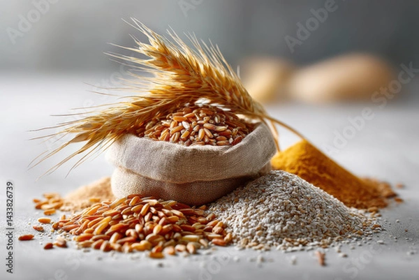 Fototapeta realistic photograph of various grains including wheat, oats, and spices, beautifully arranged with natural background, evoking sense of warmth and nourishment