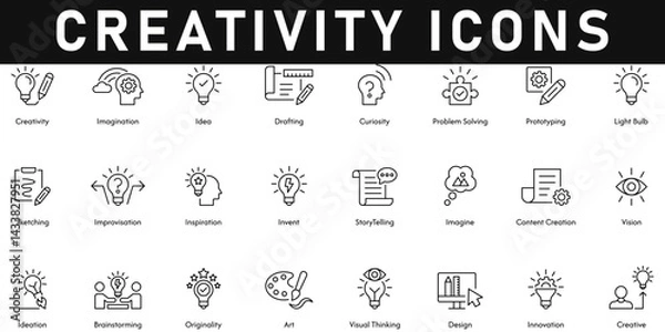 Obraz Creativity Icons vector illustration with thin line editable stroke containing innovation, brainstorming, vision, storytelling, prototyping, idea, imagination, design, inspiration, originality, art.