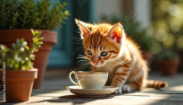 Fototapeta Cute ginger kitten curiously inspecting small tea cup among potted plants in sunny garden
