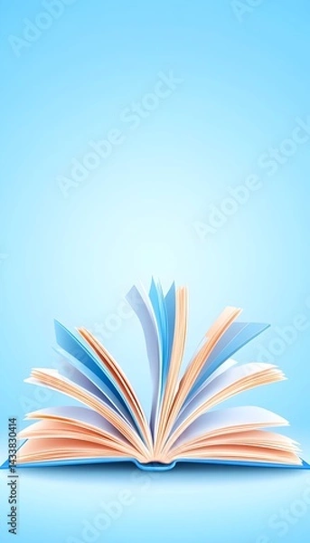 Fototapeta Open book with pages gently curling, light blue background