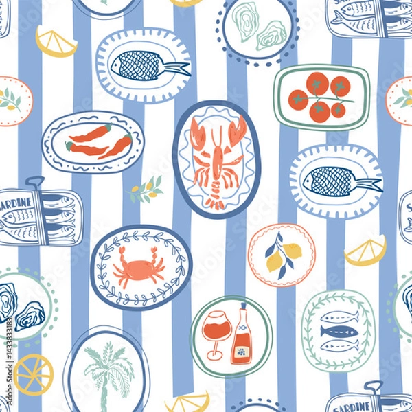 Fototapeta Blue striped Mediterranean summer seamless pattern. Cute Italian cuisine, lobster, crab, sardine, wine, tomatoes in postage stamps or plates. Vector repeat background, textile design, wallpaper print