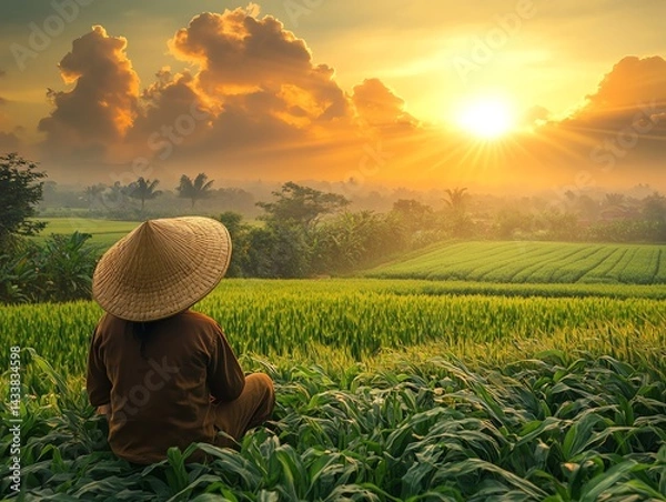 Fototapeta Tranquil sunset over lush fields with a person enjoying the view.