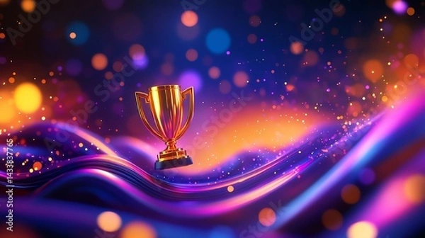 Fototapeta Shiny trophy on colorful abstract background with sparkles.
