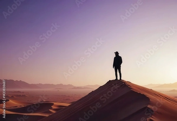 Fototapeta Person standing on sand dune at sunset in vast desert landscape