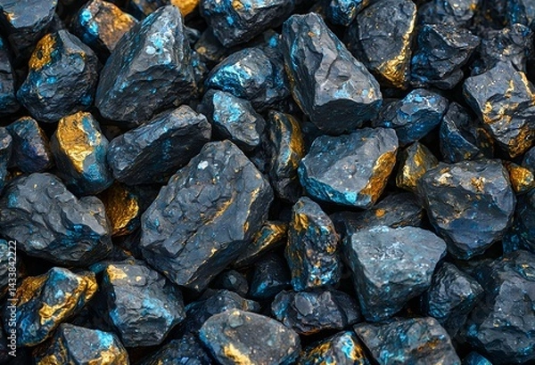 Fototapeta a close-up view of dark, angular rock fragments with shimmering golden pyrite inclusions scattered throughout the pile.