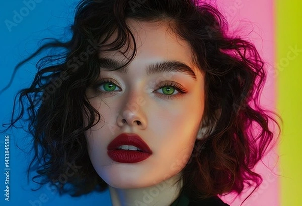 Fototapeta a strikingly beautiful woman with curly dark hair and vivid green eyes gazes directly at the viewer against a vibrant, multi-colored background.
