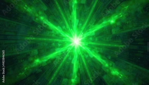Fototapeta Abstract green starburst pattern, glowing cosmic texture, backdrop, design